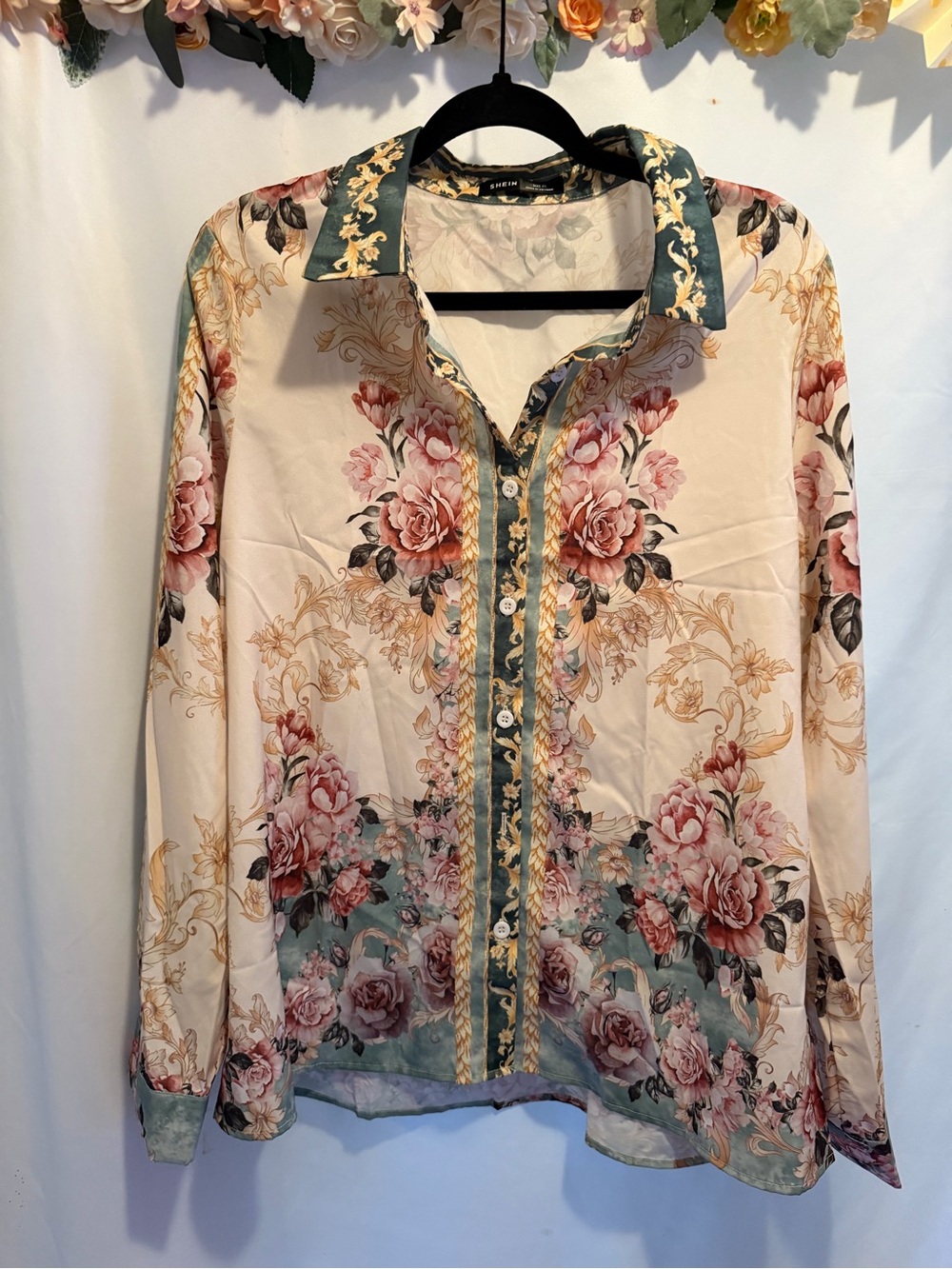 SHEIN Cream Floral Satin Button-Down with Green Trim